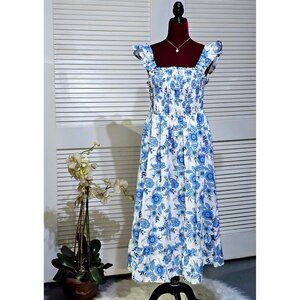 Haute Hippie Womens Blue White Floral Bohemian Cottagecore Midi Dress Sz 12 2795